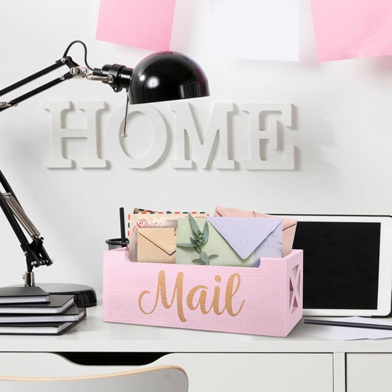 BOTOP Pink Mail Organizer Cute Mail Holder Countertop, Wooden Mail Basket Mail Tray Letter Holder for Office Desk, Farmhouse Mail Storage Box Wall Mounted - Image 3